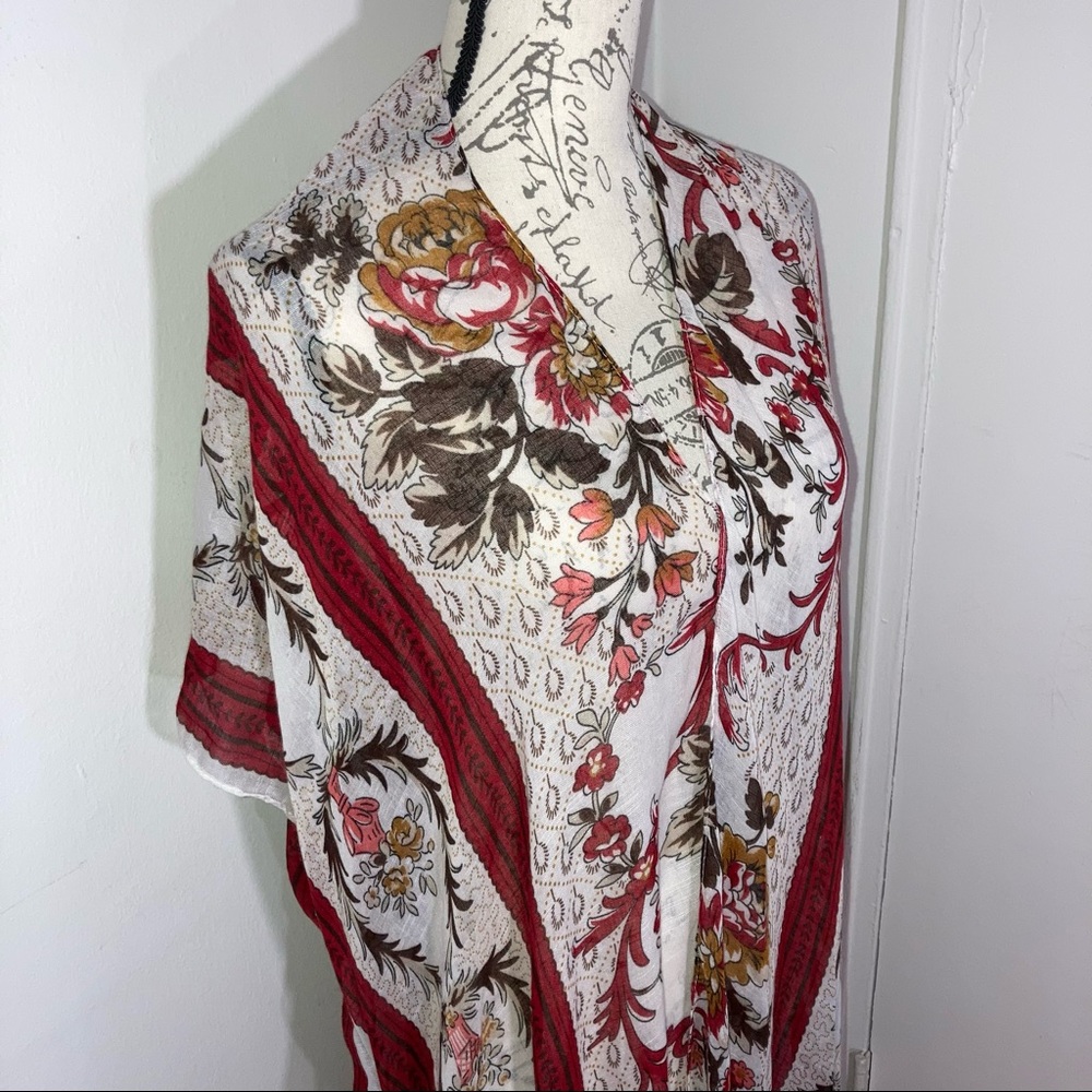 Floral Vase Botanical Flowers Print Sheer Cover Up with Fringe Red Stripes NWT - Picture 4 of 9